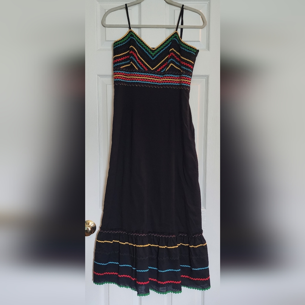 Spenser Jeremy Black Maxi Dress with Multicolor Ric Rac Trim